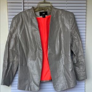H&M Metallic Silver Open-Front Blazer with Bright Coral Lining